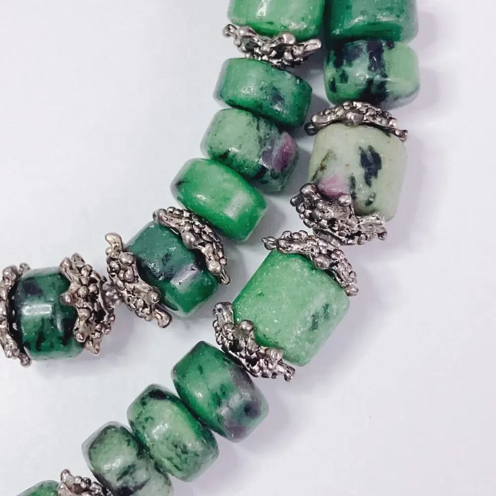 Genuine Ruby in Zoisite Green Gemstone Bead Necklace Silver Tone Artisan Choker